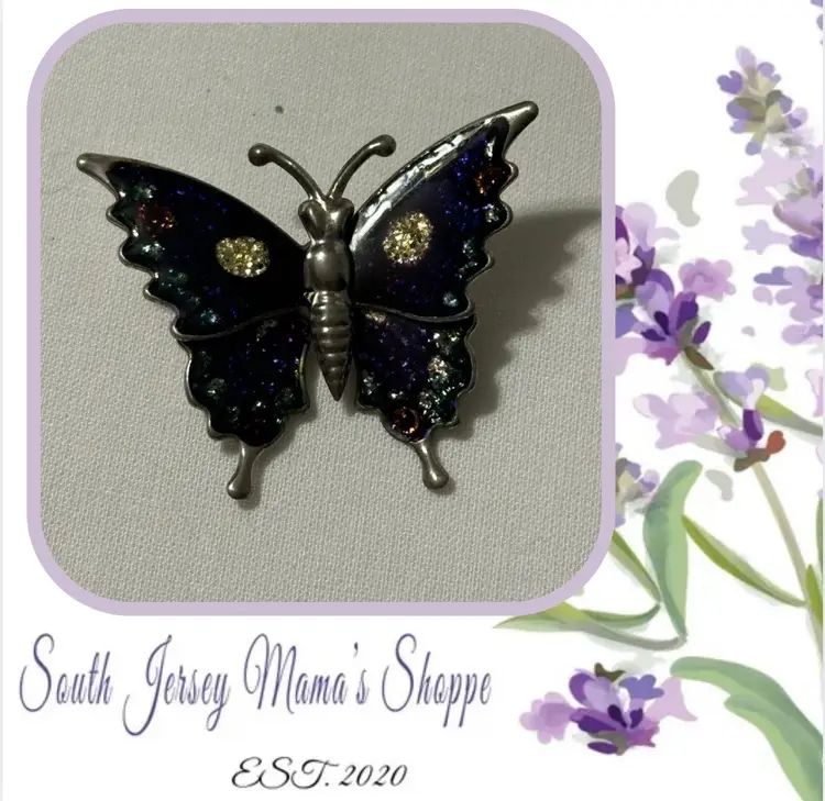 Vintage Gold Tone Butterfly With Green Gold Purple Enamel Brooch