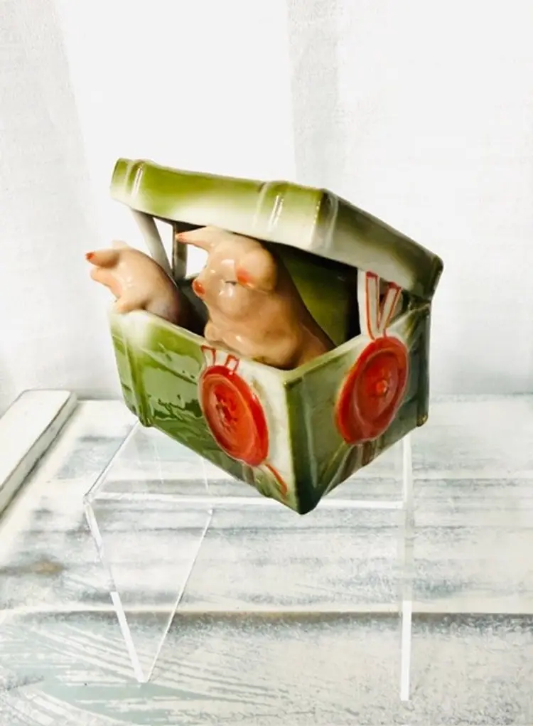 Antique Victorian Germany Porcelain Figurine Fairing Pink Pigs in Box