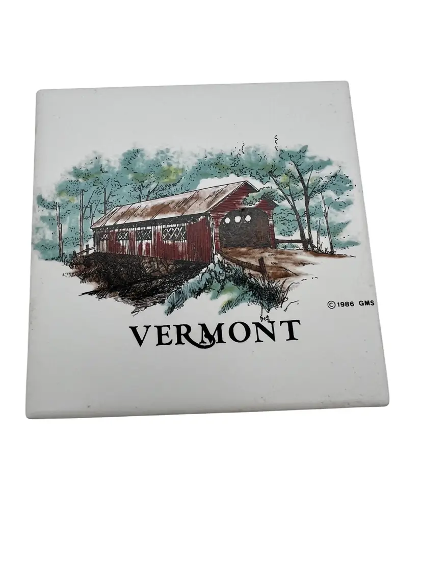 Vintage 1986 Vermont Covered Bridge Ceramic Wall Tile 4.25" Souvenir by GMS Rustic Country Farmhouse Decor Made in USA