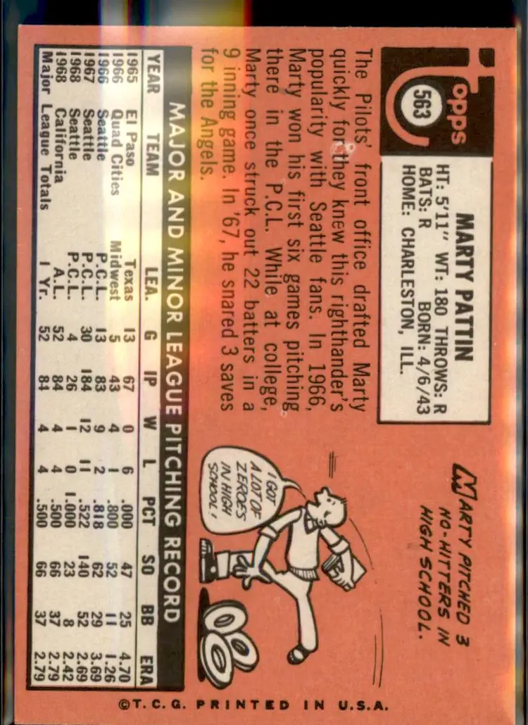 1969 Topps #563 Marty Pattin - (pk3) - Seattle Pilots