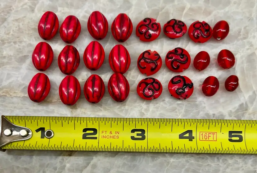 24 Loose Vintage Lampwork & Czech Glass Beads Deep Red Color Black Design