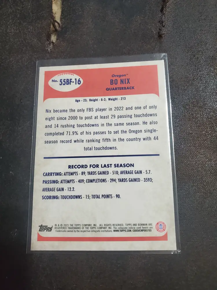 2023 Bowman Chrome University Bo Nix Oregon 1955 Insert Card