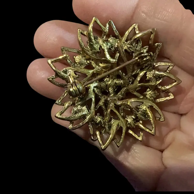 Vintage Goldtone  3 Dimensional Flower Brooch With Gorgeous Pink Faux Pearls & Clear Glass Rhinestones .