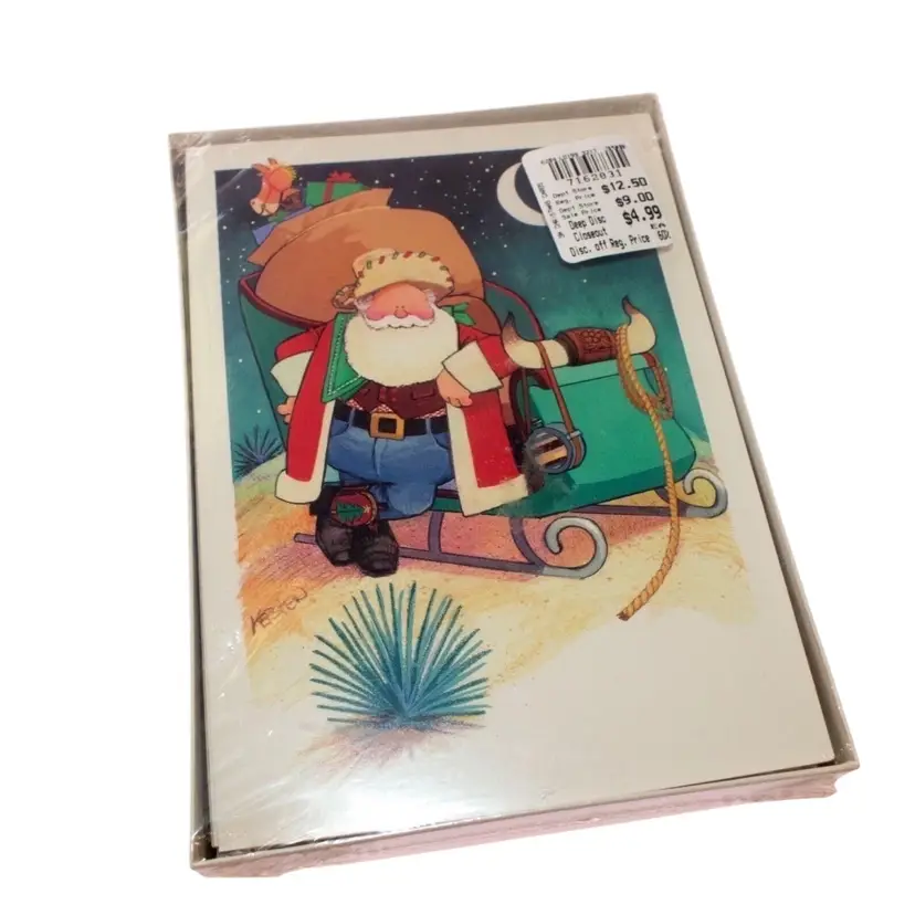 Western Desert Santa Christmas Holiday Cards & Envelopes "Merry Christmas & God Bless Ya!" (16) Vintage NOS