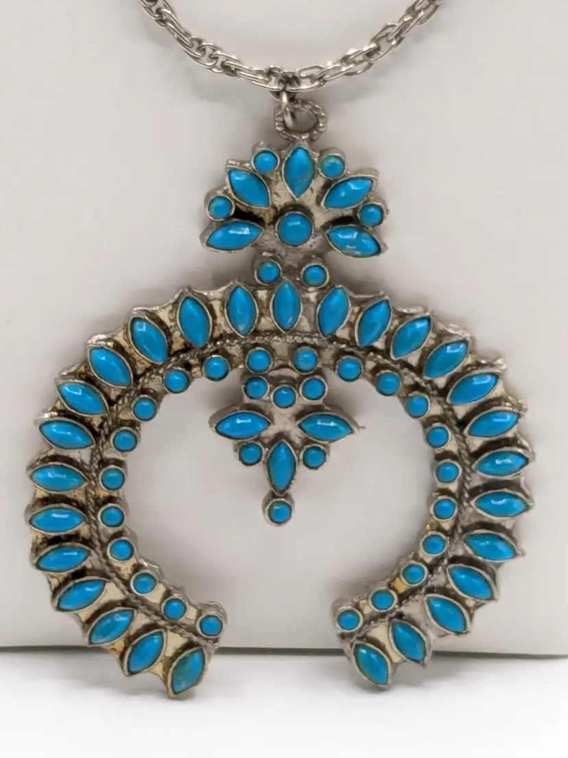 Squash Blossom Necklace Faux Turquoise Silver Tone Southwest