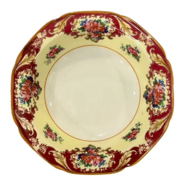 Vintage Crown Ducal Shallow Fruit Dish Red and Cream with Pink Flower Pattern