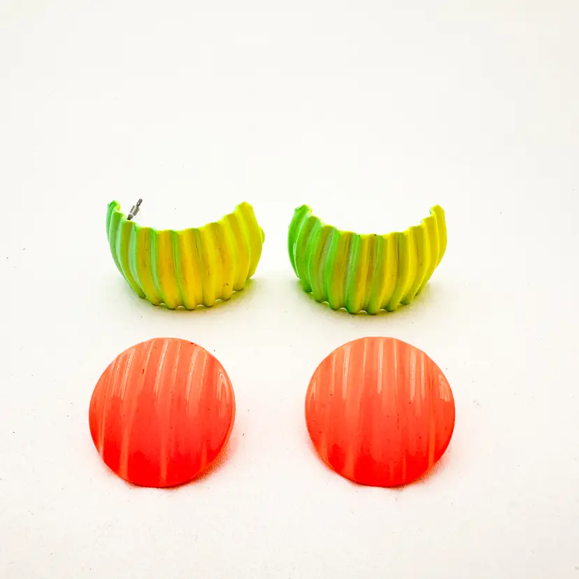 Metal Enamel Neon Earrings Pierced Ribbed Lot of 2 Pair B25
