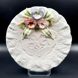 Kaldun & Bogle White Flower Plate Applied Pastel Pansy Leaf Ribbon