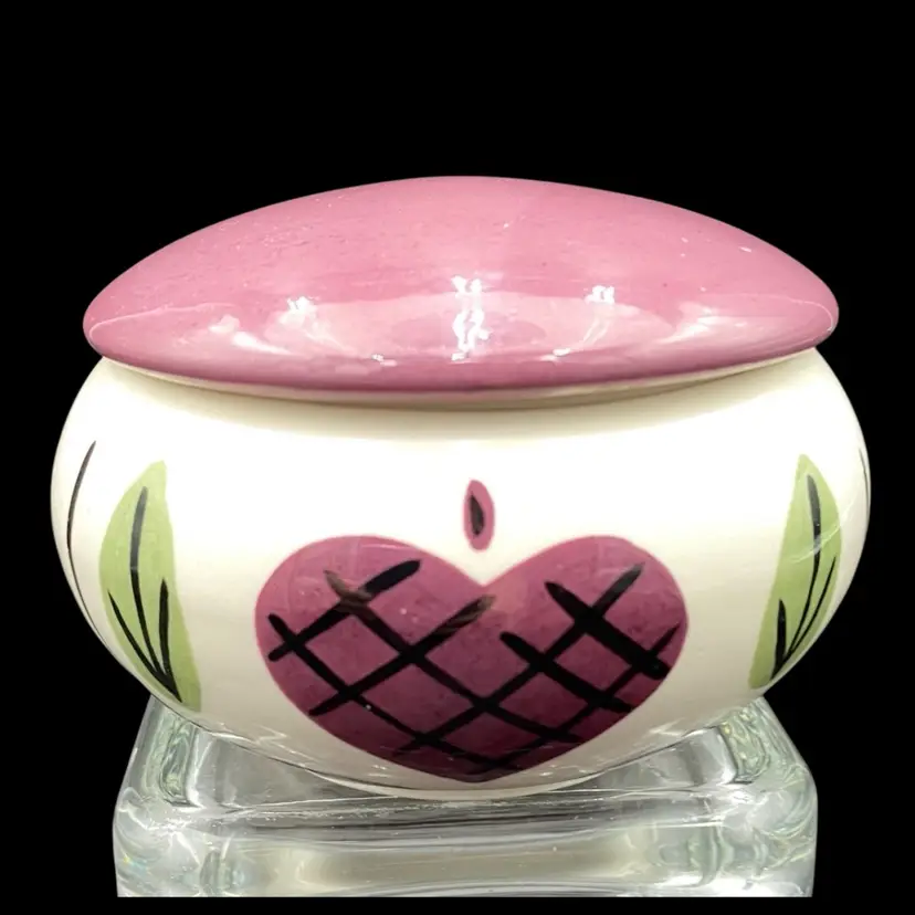 Hand-Painted Pennsylvania Dutch Ceramic Trinket Dish, Purple Heart & Lid, Signed