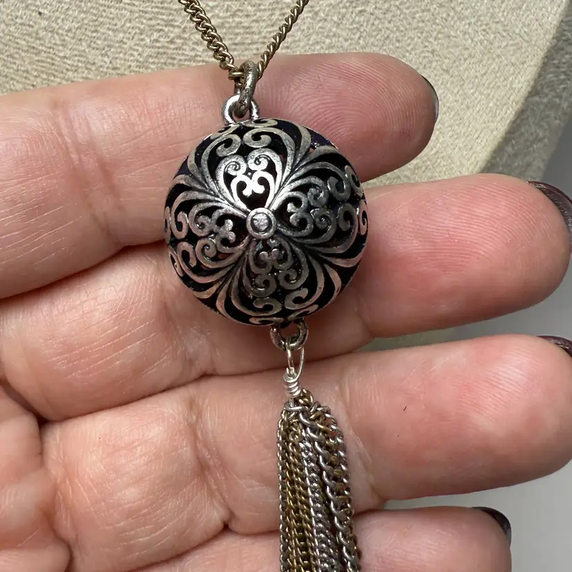 Lucky Brand 32" Filigree Ball Pendant w/ Tassel Two Tone Silver Brass Necklace