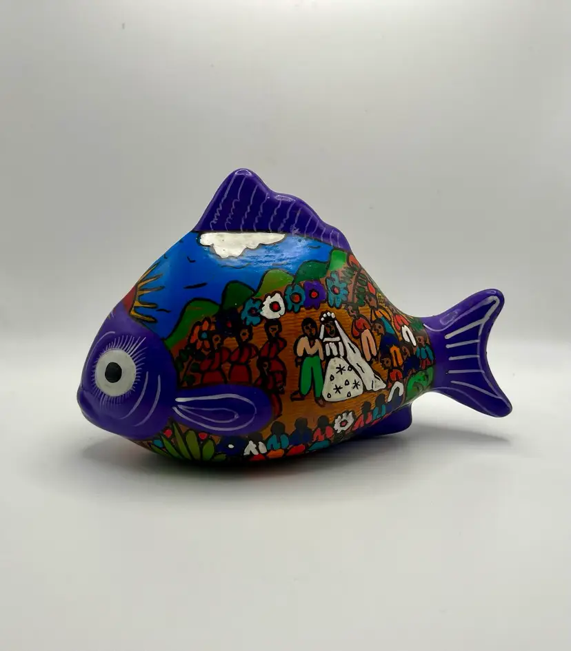 Mexican Folk Art Red Clay Pottery Colorful Fish Hand Painted