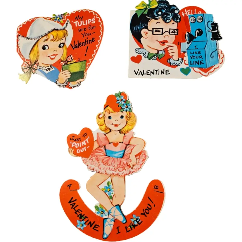 vintage Valentine's Day die-cut cards, likely from the 1930s to 1960s