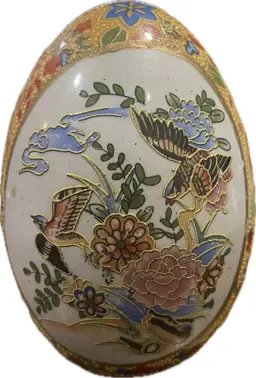 Vintage Asian Satsuma Egg Hand-Painted Porcelain 4” Peacock Birds Floral Hallow