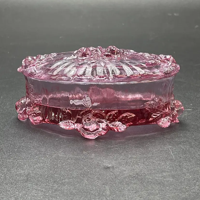 Fenton Art Glass Cabbage Rose Trinket Box Dusty Pink Vintage Jewelry Storage