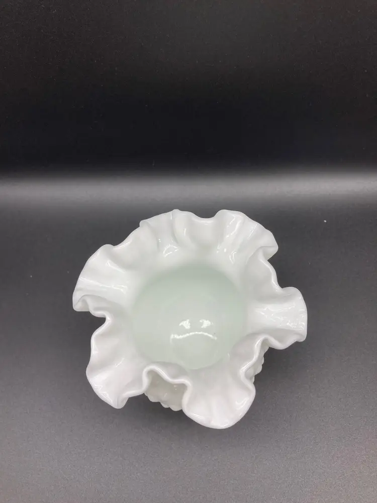 Fenton White Hobnail Milk Glass Ruffled Vase Double Crimped