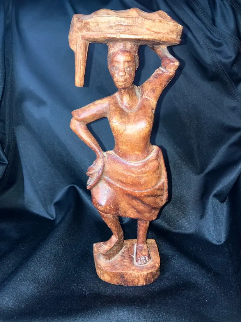 VTG Haitian Art Hand Carved Wood Sculpture of Lady Seller Artist F. Simeon 10”