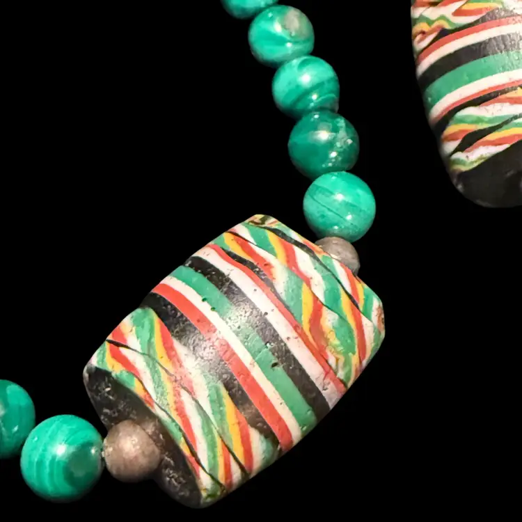 Vintage African Powder Krobo Beads Malachite Hand Painted Beaded Necklace – 18”