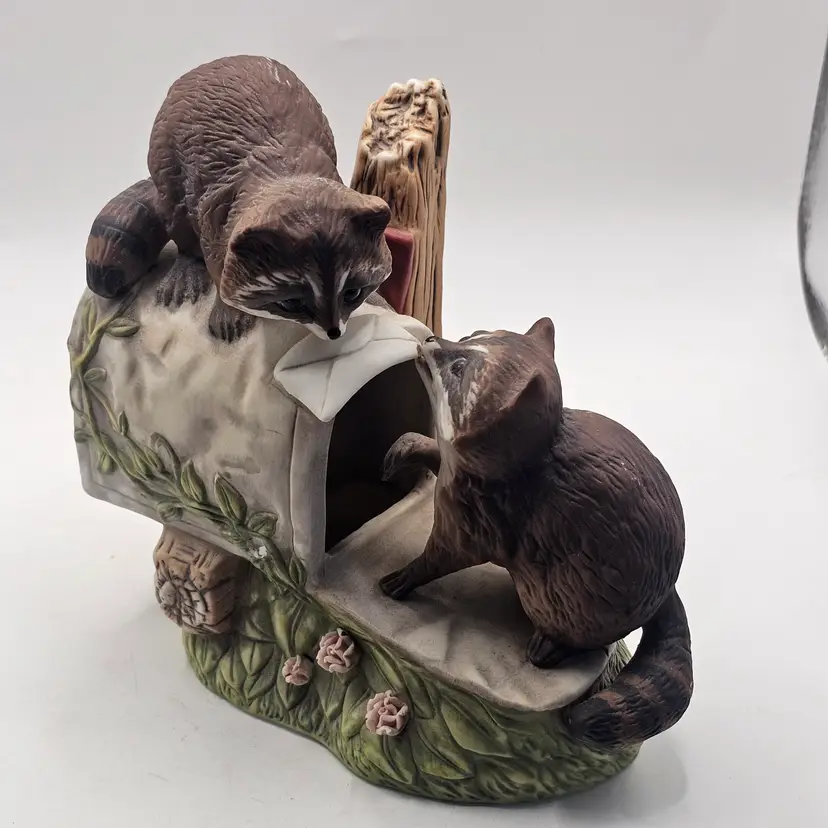 Masterpiece porcelain by Homco raccoons at mailbox vintage 1987