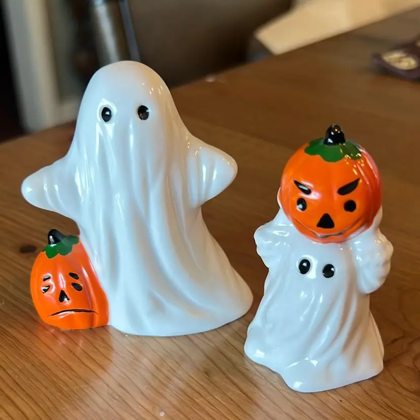 (2) Vintage Ghosts w Jack O Lantern Miniatures 3.25” Tall + 2.75” Tall