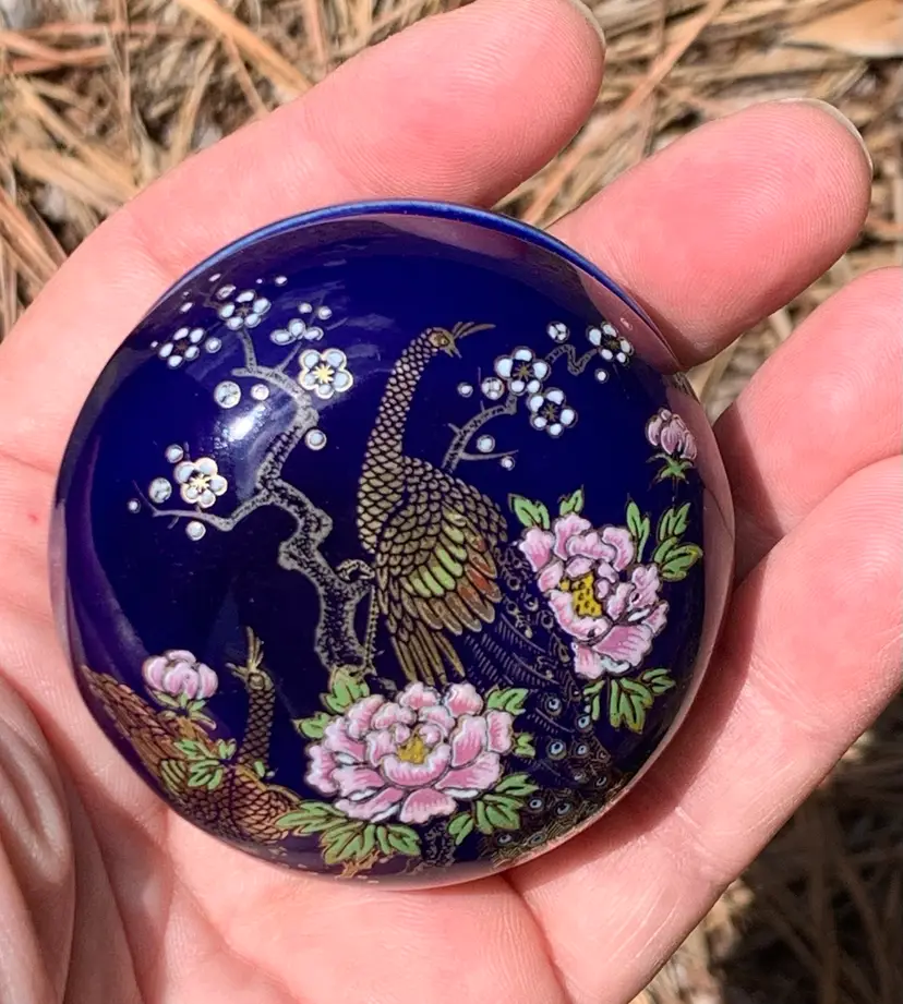 VTG Kutani Ware Cobalt Trinket Bowl Gold Peacock Roses With Lid Japanese