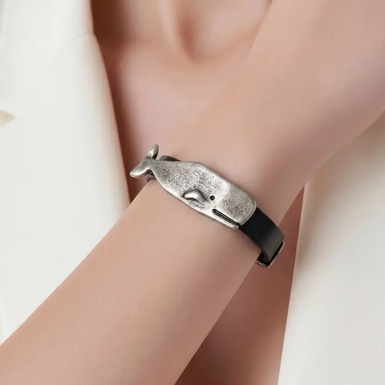 Beach Silver And Leather Whale Bracelet