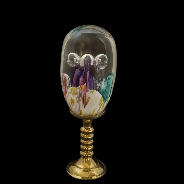 Vintage 1997 G.E.S. Art Glass Paperweight on Metal Pedestal – Multicolor underwater reef/anemone Scene – Signed & Dated