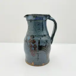 Large Studio Art Pottery Blue And Brown Signed Handled Pitcher