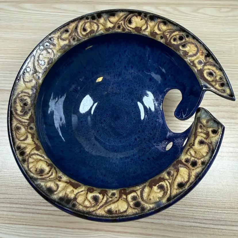 Handmade Pottery Yarn Bowl Cobalt Drip Glaze