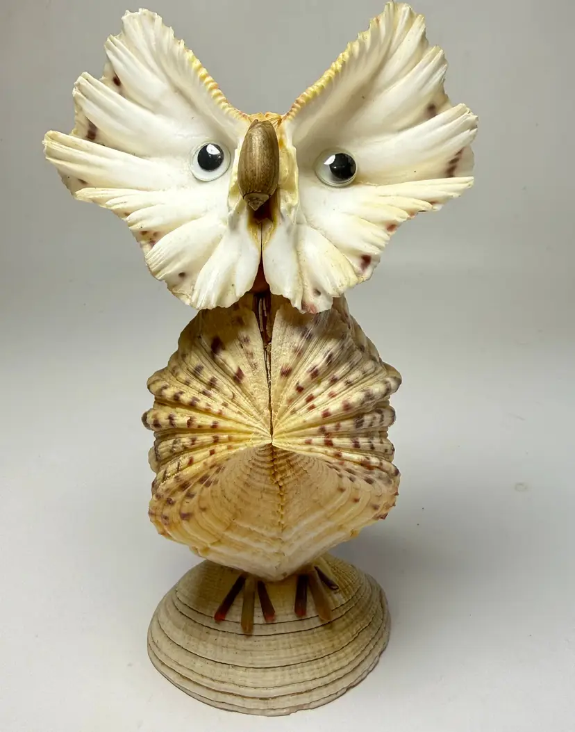 Vintage Sea Shell Art Owl Figurine Googly Eyes 1970s Decor Kitsch Beach Retro