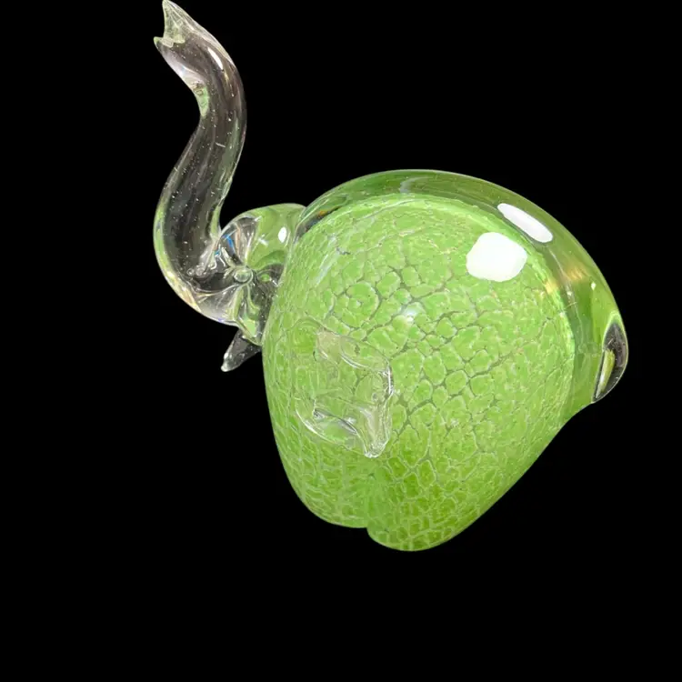 Made in China-Art Glass Lime Green & White Splatter Elephant. Ears, Tail, Head, Trunk & Mouth are Applied Clear Glass
