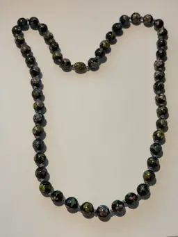 Vintage Cloisonné Black Glass Beaded Necklace 24” Knotted Between The Beads