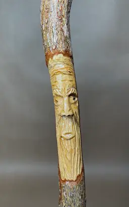Signed Hand Carved Wooden Folk Art Old Wise Man Sassafras Walking Stick Cane