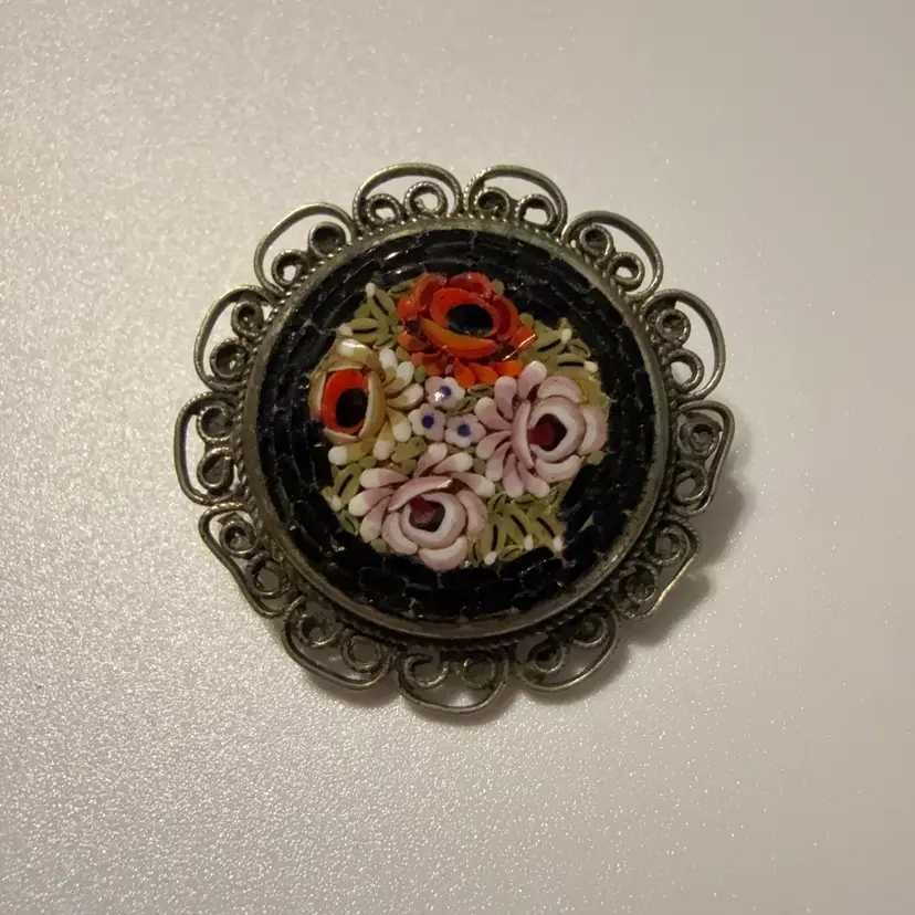 Black Round Cabbage Rose Floral Micro Mosaic Artist Signed