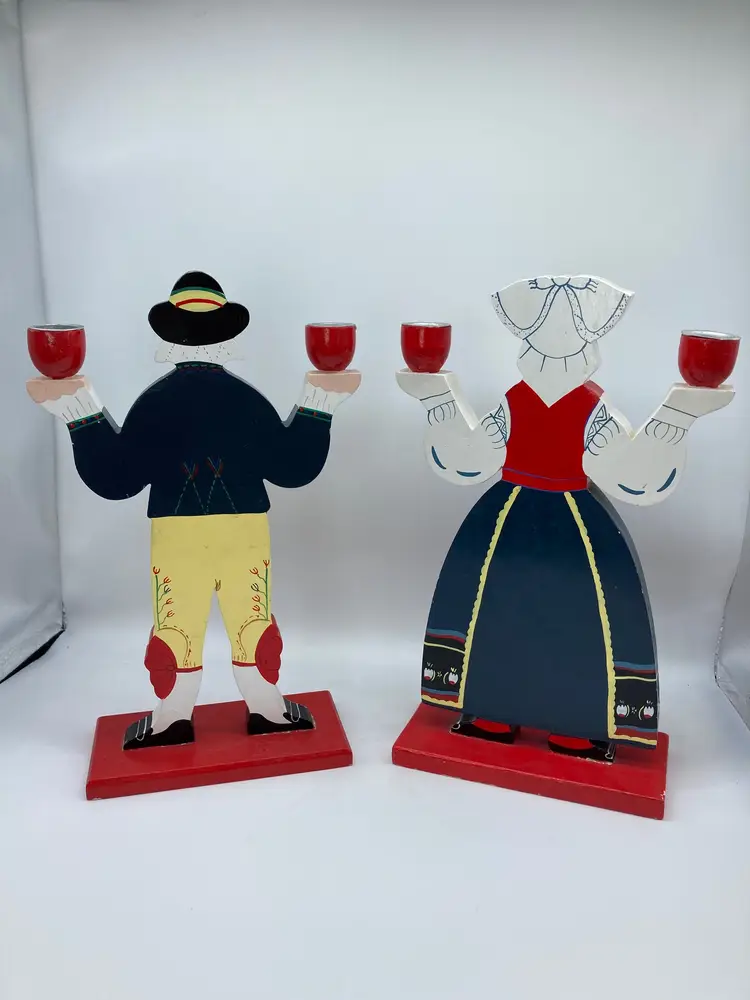 Set of two IKEA wooden candle holders, Swedish traditional costume, Lizzie Velander, Christmas Farmhouse Decor