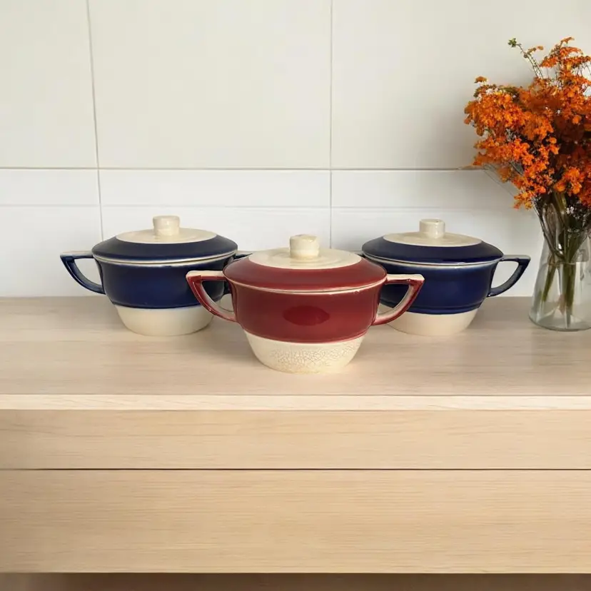 Vintage Sugar Jars with Lids. Set of 3 Salem Sugar Pots in Maroon and Cobalt Blue. 2 Handled Small Canisters.