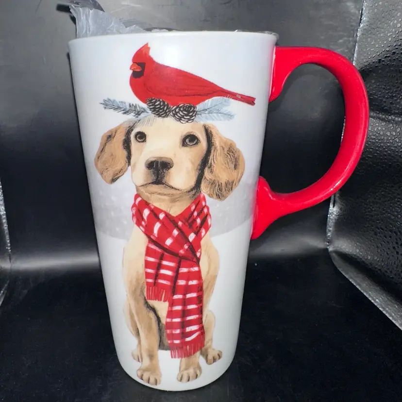 NIB Evergreen Ceramic Travel Cup 17oz Christmas Dog Cardinal White Red