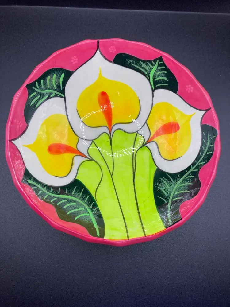 UV Reactive Hand Painted Calla Lily Bowl 2” Tall 6” Wide.