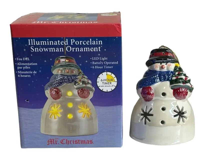 Mr. Christmas Illuminated Porcelain Snowman Ornament with Timer Lights Up LED