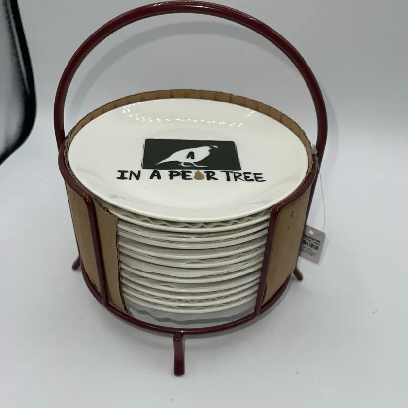 Crate & Barrel 12 Days of Christmas 6" Dessert Plates w/Dark Red Stand NWT