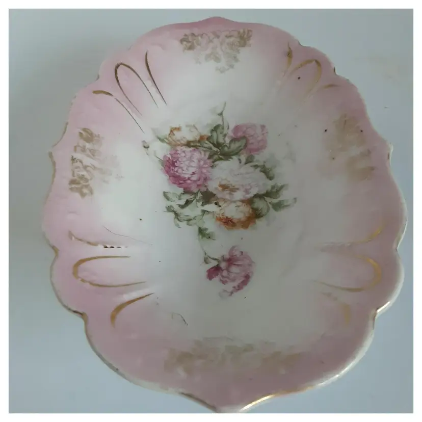 Pink Trinket Dish, Hand Painted Peonies with Gold Accents