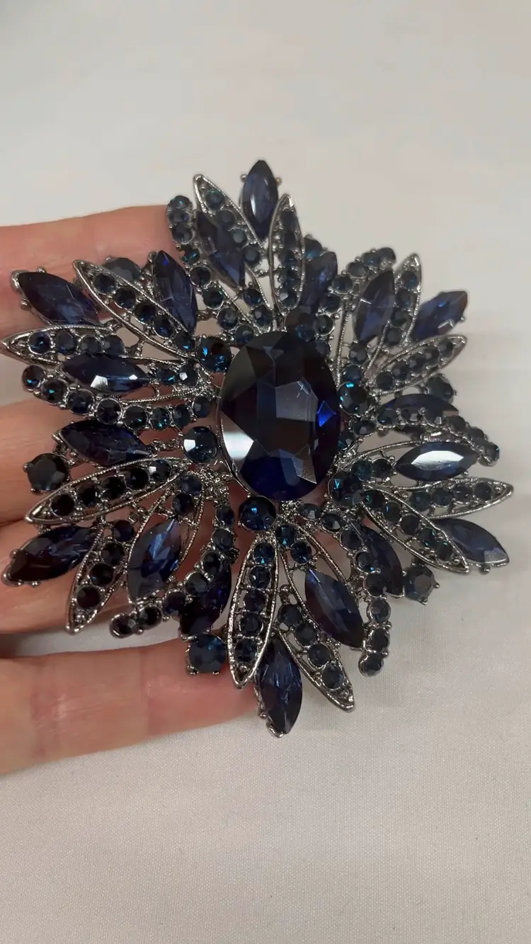 #01 - Huge 4 Inch Blue Rhinestone Statement Brooch