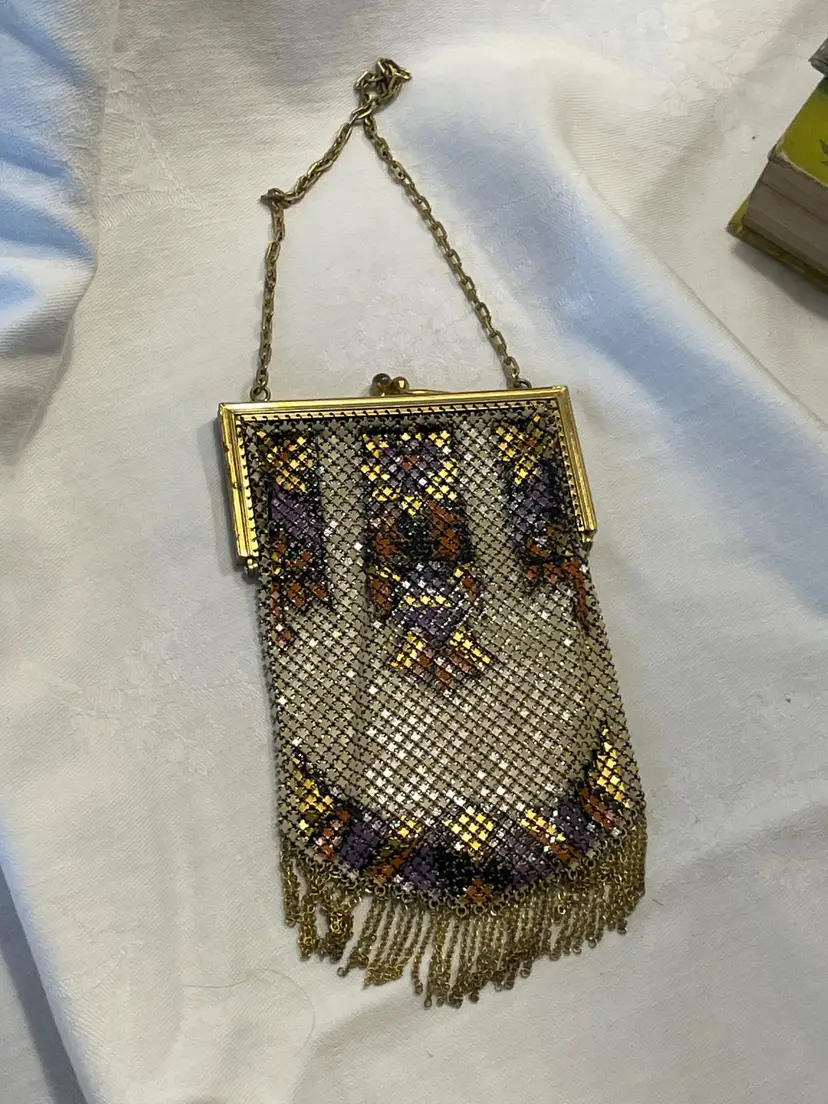 Antique Mandalian Originators Enamel Mesh Flapper Purse with tag and compact mirror