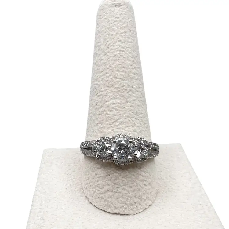 NWT Sterling Silver 3 Stone Cubic Zirconia Halo Engagement Ring
