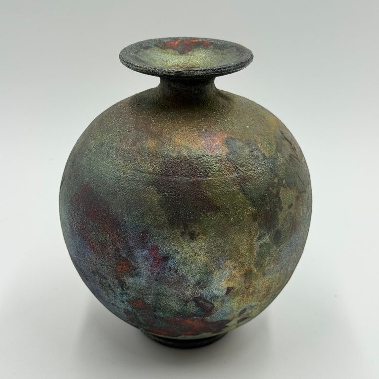 Raku Studio Art Pottery Round Weed Pot Bud Vase Shimmering Metallic Tones