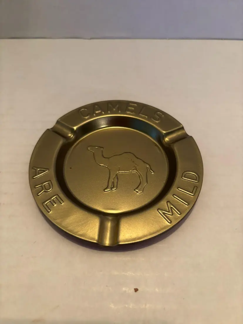 Vintage "Camels Are Mild" Ashtray Brass Color/Red Back Tin Material Advertising