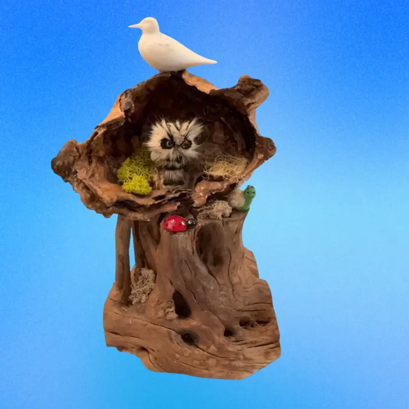 Wood Burl Assemblage With Owl, Seagull, Ladybug, Snail 10” Tall X 6” Wide