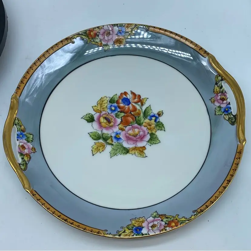 #1539 Noritake Japan Grey Lustreware Bowl Two Handles Hand Painted Florals