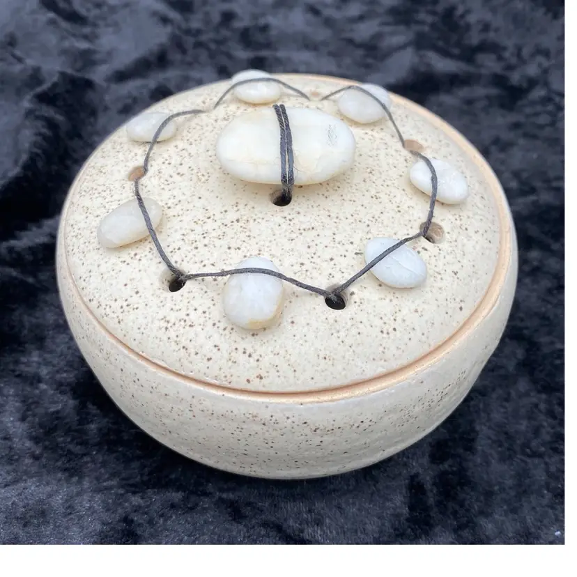 Studio Art Pottery Stoneware Trinket Lidded Dish w/Corded Polished Stones, Signed