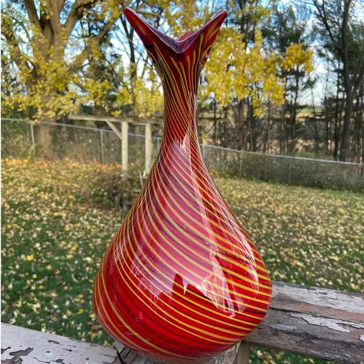 Red, Yellow & Black Swirl Art-glass Vase. 13”h.