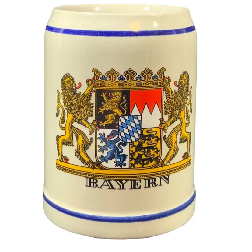 Vintage Ceramic Beer Stein Coffee Cup Mug Tankard King West Germany Stein Mug Bayern Coat Of Arms Blue Trim